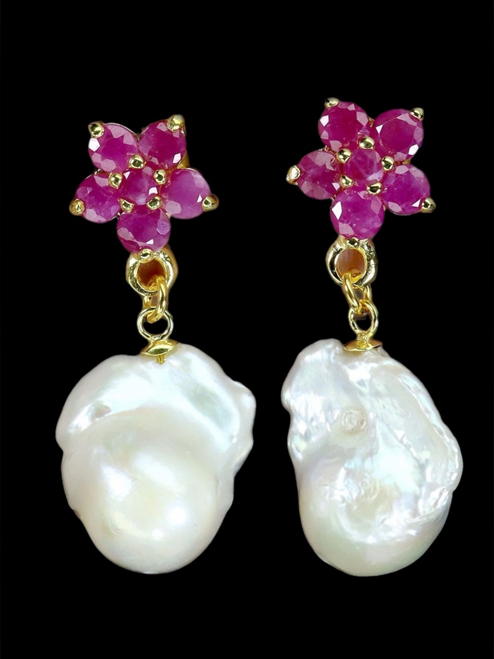 Genuine  Ruby & Baroque Pearl Earrings